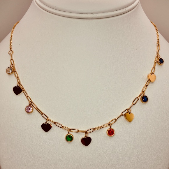 Free People Gold Paper Clip Necklace with Multicolor Crystals & Hearts Charms - Picture 6 of 8